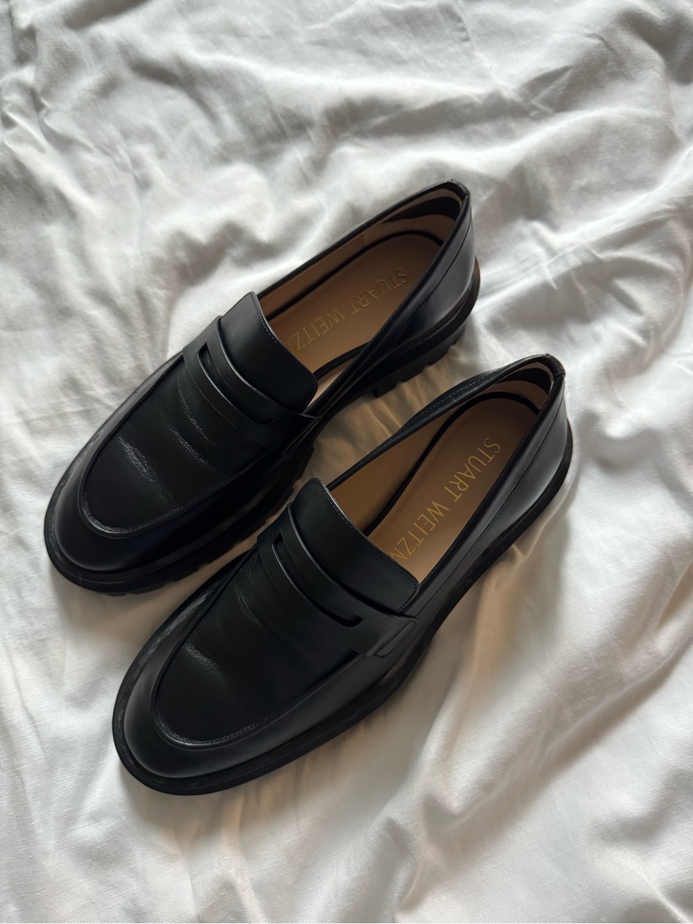 Stuart Weitzman Parker Lift Lug Loafers Black Leather